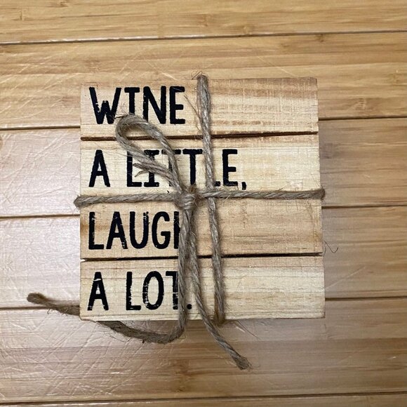 Wooden Coaster Set With Quote "Wine A Little Laugh A Lot" By Mud Pie - Picture 1 of 3